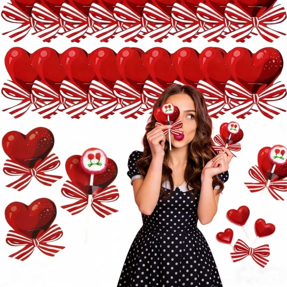 100Pcs Valentine's Day Lollipop Paper Card, 2.75" Heart Decor Greeting Cards Red Heart-shaped Bow Wrapping Candy Holder Wedding DIY Decoration for Valentines Holiday Party Supplies
