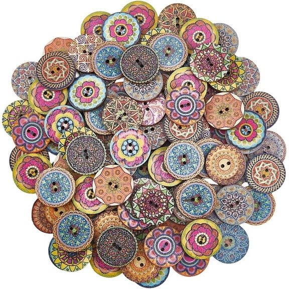 100Pcs Vintage Wooden Buttons Assorted Wood Buttons with 2 Holes 25mm Flat Round Printed Mixed Natural Sewing Ornament Accessory for DIY Clothes