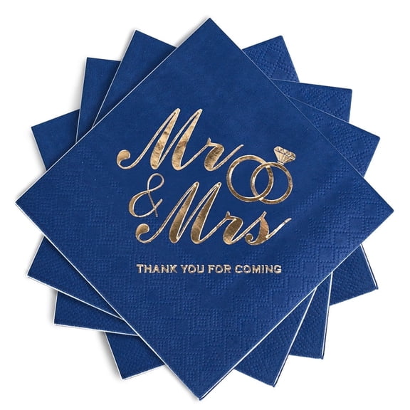 MyMealivos 100Pcs Wedding Napkins, 3-Ply Gold Foil Cocktail Napkins-Blue