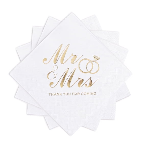 MyMealivos 100Pcs Wedding Napkins, 3-Ply Gold Foil Cocktail Napkins-White