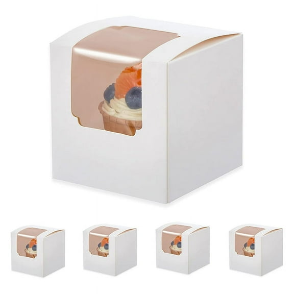 100Pcs White Cupcake Box Individual with Insert, Small Single Favor Pastry Treat Boxes Clear Window