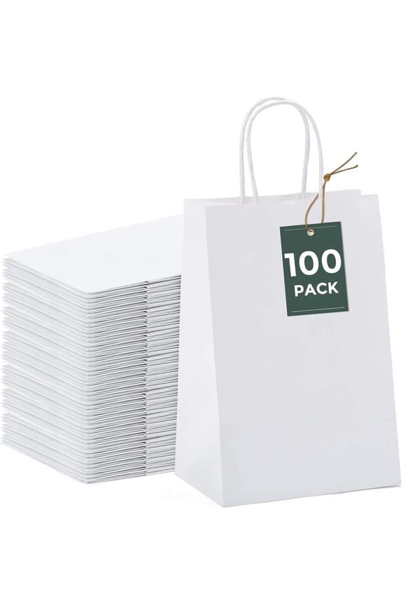 100Pcs White Paper Bags, 5.25x3.75x8 Small Gift Bag, Paper Bag with Handles Bulk, for Small Business, Sturdy Kraft Paper, Retail Shopping, Party Favor Bag, Birthday Gift