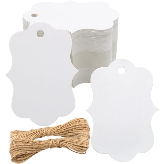 100Pcs White Paper Tags, 2.7x2 inch Blank Paper Tags with String, Scalloped Price Labels, Blank Gift Hangtags for Gift Wrapping, Wedding, Merchandise, DIY Craft, Party Favor