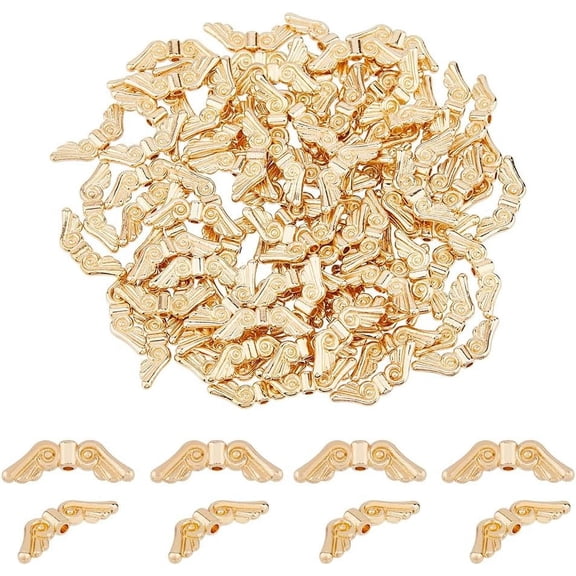100Pcs Wing Bead Bulk Metal Angel Wing Beads Alloy Fairy Wings Spacer Charms Tibetan Light Gold Loose Beads for DIY Craft Bracelet Necklace Earring Jewelry Making Hole: 1.6mm Gold