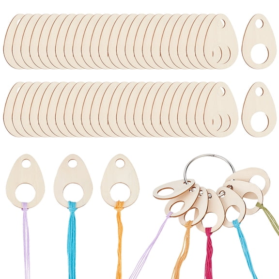 100Pcs Wood Bobbins Thread Drops Stitch Thread Bobbins with 1Pc Loose Leaf Hinged Ring Teardrop Bobbin: 5x3.5x0.2cm Hole: 8mm & 18mm