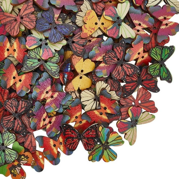 100Pcs Wood Butterfly Buttons Decorative Wooden Buttons Embellishments 1" Large Vintage Print Pattern 2 Hole Sewing Tags for Clothes Fastener Sweater Costume Art Project colorful