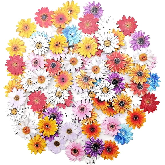 100Pcs Wood Daisy Buttons Painted Wooden Flower Buttons for Crafts Sunflower Wood Buttons 2 Holes Flatback Flower Shaped Buttons
