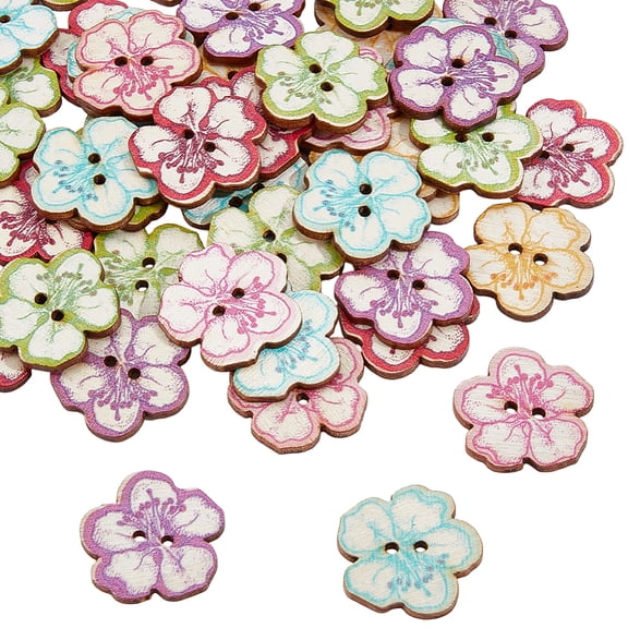 100Pcs Wood Flower Buttons 1 Inch Retro Decorative Flower Shaped 2 Holes Wooden Art Craft Button Fasteners