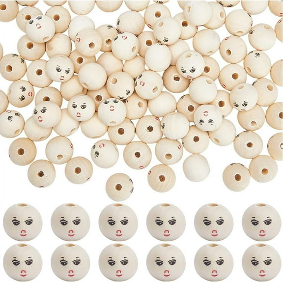 100Pcs Wooden Beads 20mm Natural Large Wooden Beads with Face Round Head Beads with 4.7mm Hole Wood Spacer Loose Beads for Jewelry Making Christmas Garland Decorations