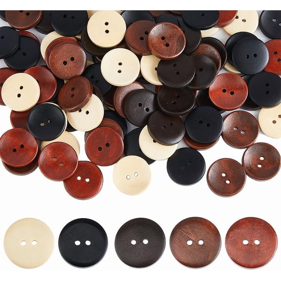 100Pcs Wooden Buttons 5 Colors 2 Holes Sewing Button 25mm Flat Round Sewing Craft Button Vintage Buttons