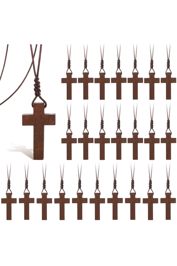 100Pcs Wooden Cross Necklaces Bulk, Vintage Cross Pendant with Lanyards, Ideal for Easter, Church Events Party Favor, Bible Verses, Sunday School Party Christian Gift