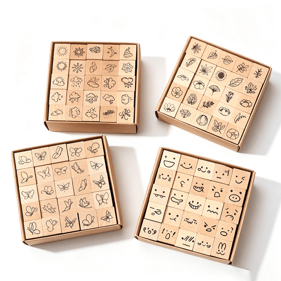 100Pcs Wooden Stamps Set 4 Themes Plant Weather Face Vintage Seal Kit with 4 Black Ink Pads, DIY Journal Scrapbook Card Making Stamps