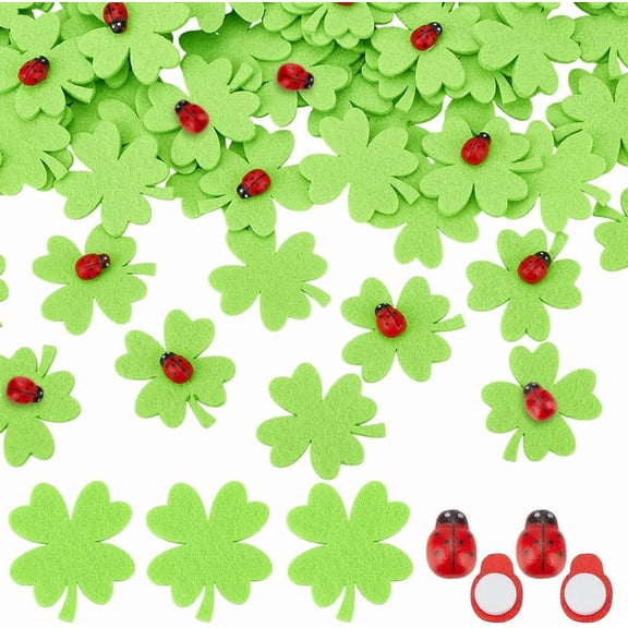 100Pcs Wool Felt Clovers with 100pcs Wood Buttons Set Self-Adhesive Ladybug Clover Leaves Set Felt Clover Lucky Charm Ladybird Craft Ornament for DIY