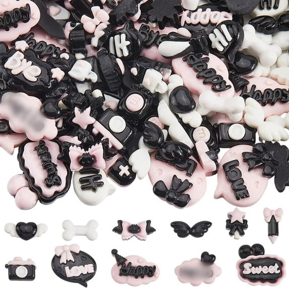 100Pcs Word Resin Charms Flatback Resin Cabochons Opaque Black White Bone Pen Heart Wing Bowknot Sweet Cell Phone Case Scrapbooking Embelishments for DIY Crafts Jewelry Making Decorations