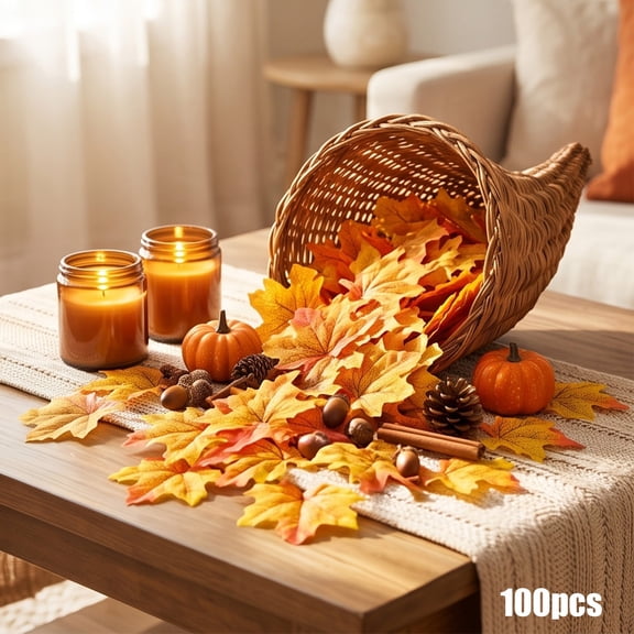 100Pcs Yellow Brown Artificial Maple Leaves 3.15",Fall Fake Leaf Scatter for Thanksgiving Table Wreath Garland DIY Autumn Harvest Home Party Decor