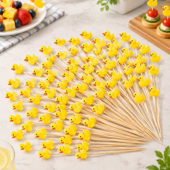 100Pcs Yellow Duck Cocktail Picks Rubber Duck Handmade Wood Toothpicks Garnish Sticks Centerpiece for Neutral Party Supplies