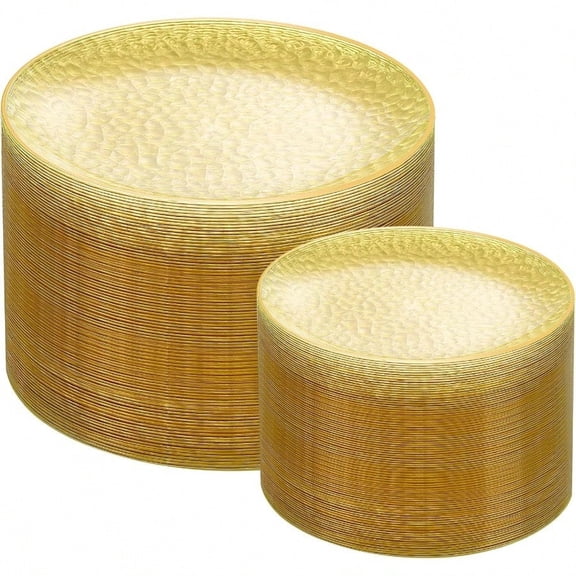 100Pcs Yellow Gold Plastic Plates Yellow Disposable Plates With Gold Rim Clear Heavy-duty Party plies Hammered Plastic Plates Include 50 Dert Platos 50 Dinner Platos for Party