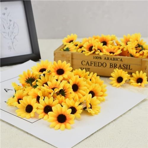 100Pcs Yellow Artificial Flower Heads Mini Fake Sunflower Decorative Fabric Flowers Craft Floral Embellishments for Party Shower Wedding Making Handicrafts Home Decor