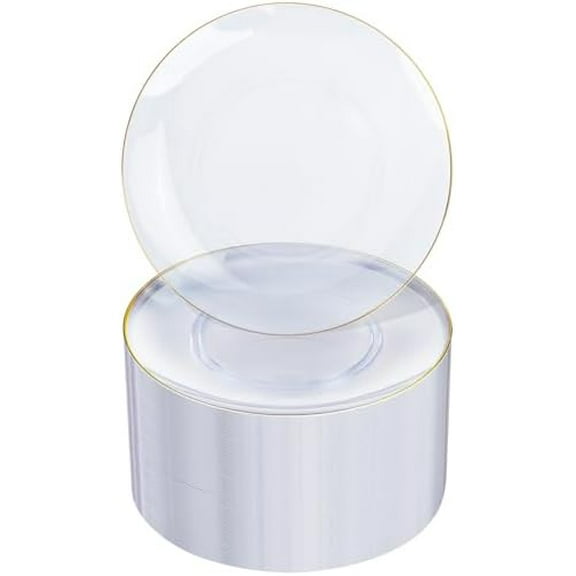 100Pieces Clear and Gold Rim Plastic Plates - 7.5inch Disposabl Salad Dessert Plate - Clear and Gold Party Plates Ideal for Wedding & Party