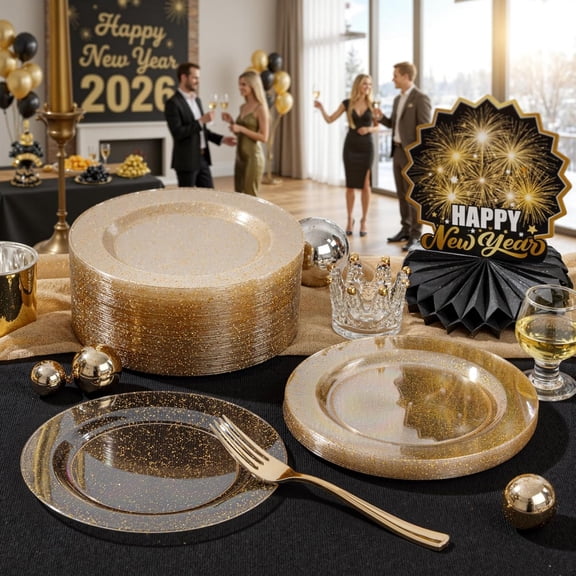 100Pieces Gold Plastic Plates - Disposable Gold Glitter Plates - 10.25inch Premium Plastic Dinner Plates for Wedding & Parties & New Year