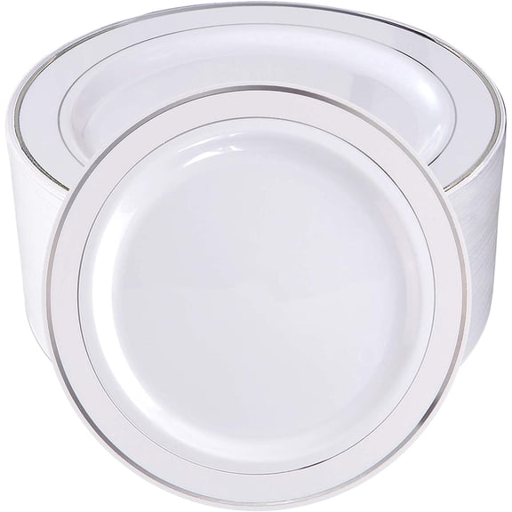 100Pieces Silver Plastic Plates - 10.25inch Silver Rim Disposable Dinner Plates - Ideal for Weddings, Parties & Christmas Silver 10.25inch