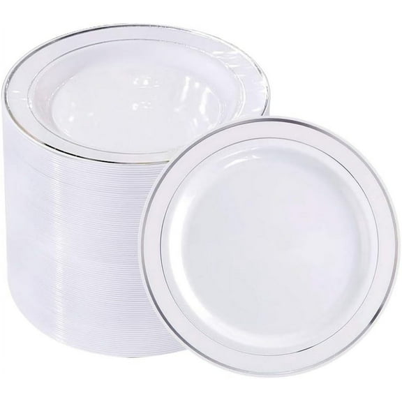 100Pieces Silver Plastic Plates - 6.25inch White with Silver Rim Disposable Salad/Dessert/Appetizer/Small Cake Plates for Weddings, Parties&Gathering