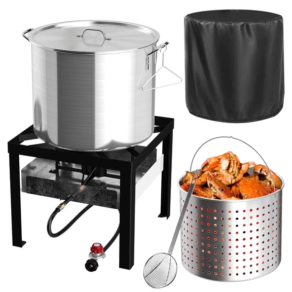 100QT Crawfish Boiler Kit, Seafood Boil Pot,Waterproof Cover & 18-inch Skimmer, 110,000BTU Propane Burner,Aluminum Seafood Boil Pot with Basket ,Crab, Seafood & Crawfish Boiler