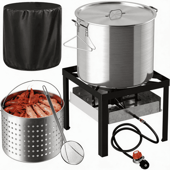 Pipopa 100QT Crawfish Boiler Kit, Waterproof Cover & 18-inch Skimmer, 110,000BTU Propane Burner Stove, 0-20PSIG Regulator, Aluminum Seafood Boil Pot, Crab Boil Pot with Basket