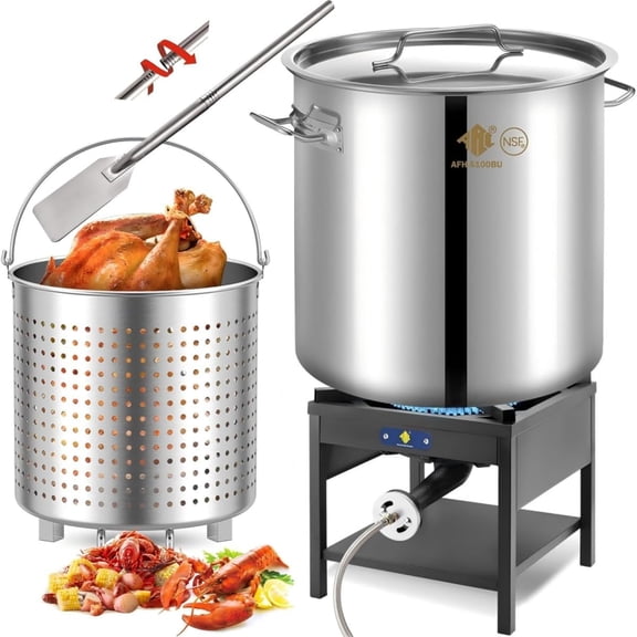 100QT Stainless Steel Seafood Boiling Kit with 48" Mixing Paddle, 200,000BTU Propane Burner for Outdoors Cooking, Large Stock pot w/Basket for Shrimp, Lobster, Crab Crawfish, Turkey Deep Fryer