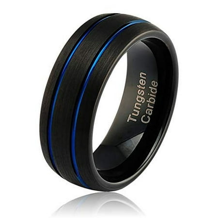 100S JEWELRY Black Matte Blue Grooves Tungsten Rings For Men Wedding Band Engagement Promise Size 6-16 (Tungsten, 10)