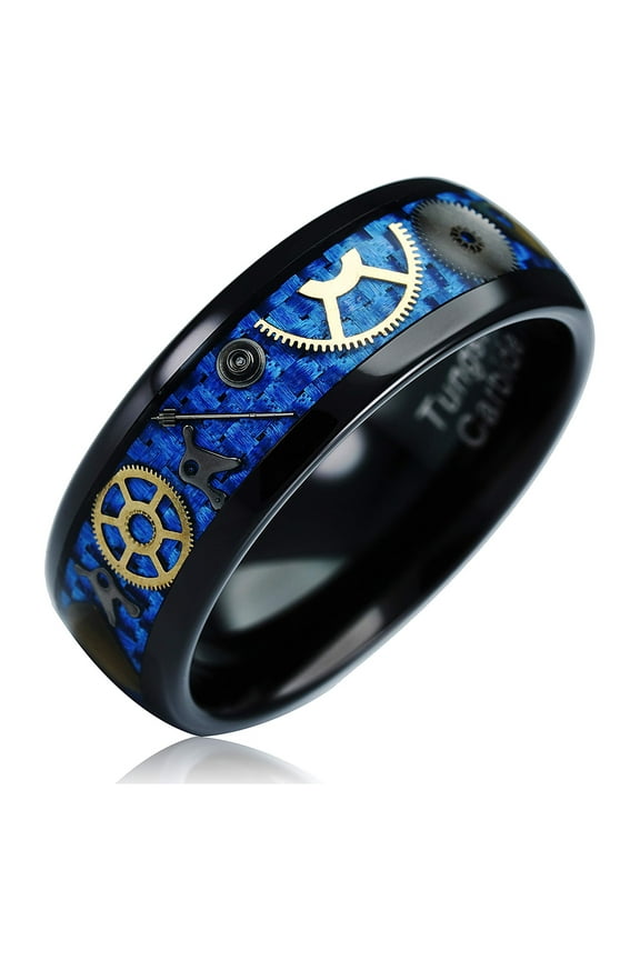 Black Tungsten Ring for Men Watch Gear Blue Carbon Fiber Inlaid Wedding Band Promise Size 6-16 (Tungsten, 9.5)