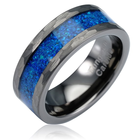 100S JEWELRY Gunmetal Gray Hammered Tungsten Ring For Men Male Him Blue Opal Inlay Wedding Band Promise Engagement Size 6-16 (Tungsten, 6.5)