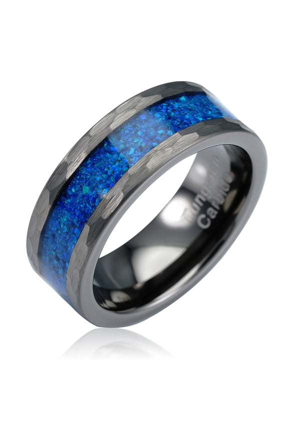 Gunmetal Gray Hammered Tungsten Ring For Men Male Him Blue Opal Inlay Wedding Band Promise Engagement Size 6-16 (Tungsten, 9.5)