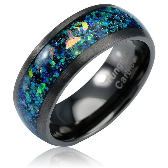 100S JEWELRY Gunmetal Gray Tungsten Ring For Men Green Opal Inlay Wedding Band Brushed Dome Edge Promise Engagement Size 6-16 (Tungsten, 6.5)