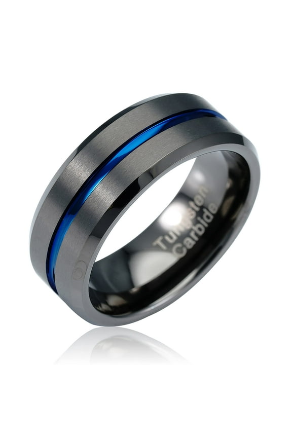 Gunmetal Gray Tungsten Ring for Men Blue Groove Line Wedding Band Promise Engagement Size 6-16 (Tungsten, 10)