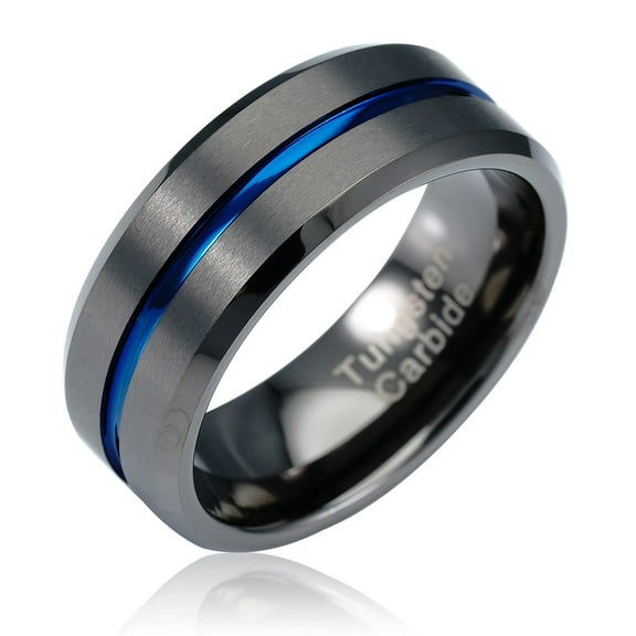 100S JEWELRY Gunmetal Gray Tungsten Ring for Men Blue Groove Line Wedding Band Promise Engagement Size 6-16 (Tungsten, 10)