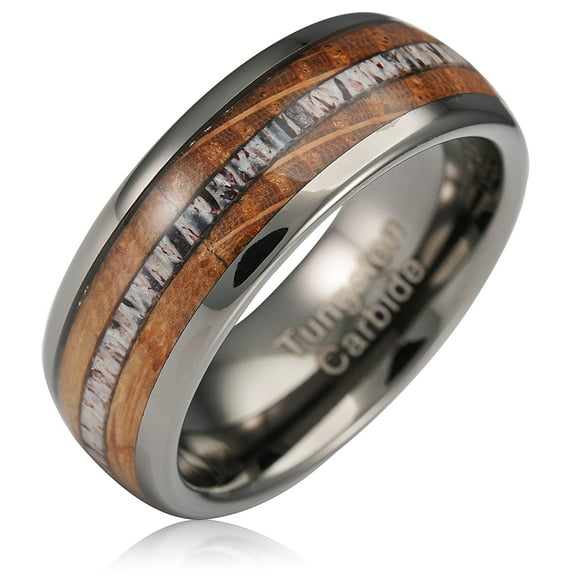100S JEWELRY Gunmetal Gray Tungsten Rings For Men Whiskey Barrel Wood & Elk Anters Inlay Wedding Promise Engagement Band Size 6-16 (Tungsten, 10)