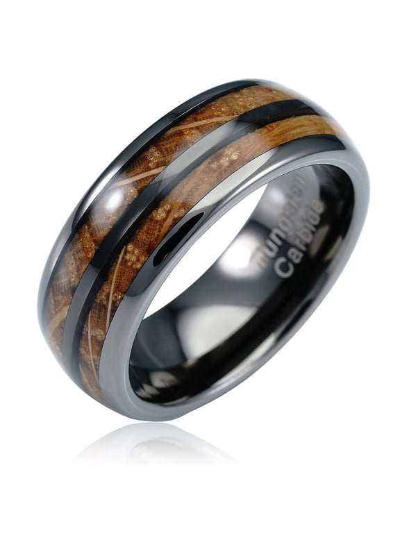 Gunmetal Gray Tungsten Rings For Men whiskey barrel Wood grain Inlay wooden Wedding Promise Engagement Band Size 6-16 (Tungsten, 10)