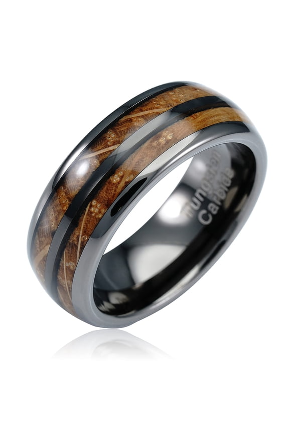 Gunmetal Gray Tungsten Rings For Men whiskey barrel Wood grain Inlay wooden Wedding Promise Engagement Band Size 6-16 (Tungsten, 15.5)