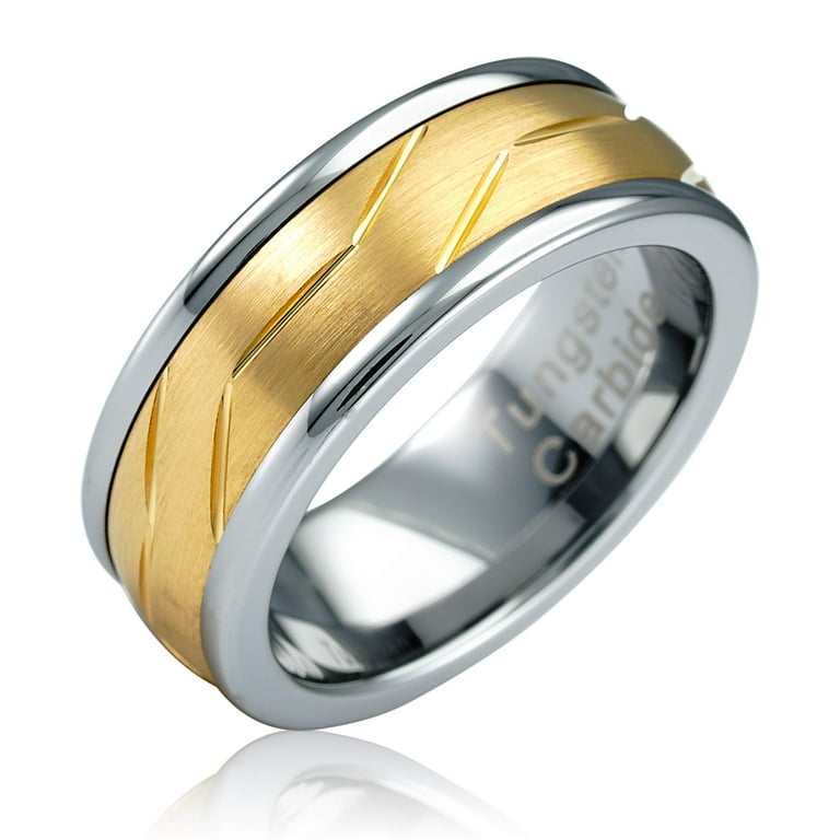 100S JEWELRY Men s Wedding Bands Angled Groove Lines Two Tone Gold
