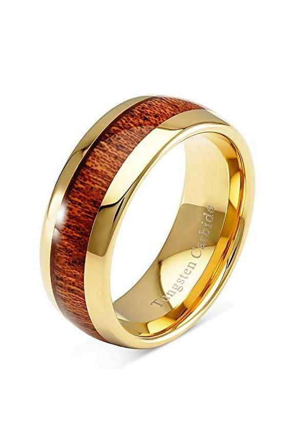 Mens Wedding Bands Tungsten Rings Koa Wood Inlay 14k Gold Plated Size 6-16 (Tungsten, 10.5)