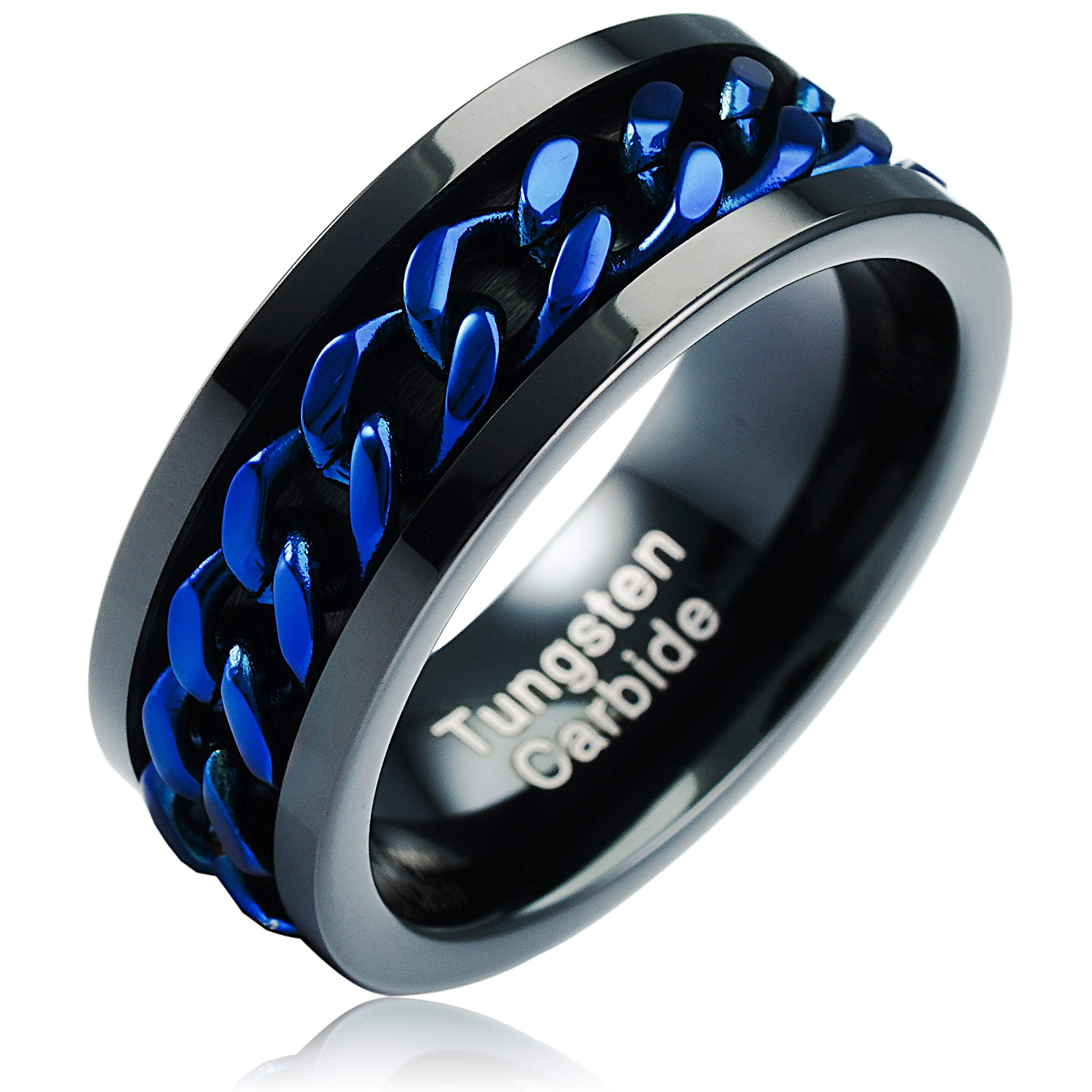100S JEWELRY Spinner Blue Cuban Link Black Tungsten Ring For Men