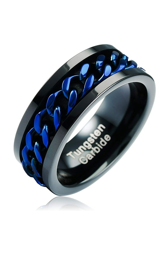 Spinner Blue Cuban Link Black Tungsten Ring For Men Wedding Promise Engagement Band Size 6-16 (Tungsten, 10)