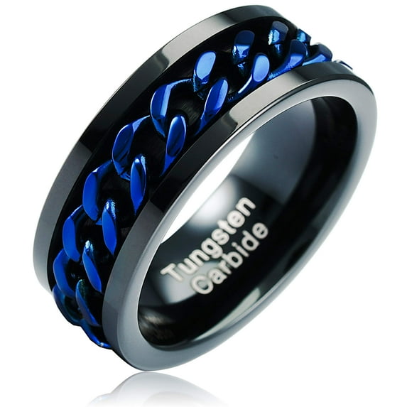 100S JEWELRY Spinner Blue Cuban Link Black Tungsten Ring For Men Wedding Promise Engagement Band Size 6-16 (Tungsten, 13.5)