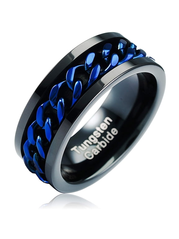 Spinner Blue Cuban Link Black Tungsten Ring For Men Wedding Promise Engagement Band Size 6-16 (Tungsten, 7.5)