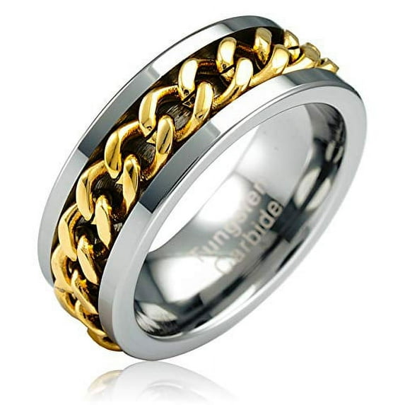 100S JEWELRY Spinner Cuban Link Chain Tungsten Ring Men Women Wedding Band Sizes 6-16 (tungsten, 9)