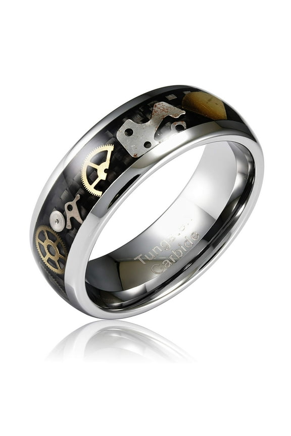 Steampunk Gear Silver Tungsten Rings for Men Women Wedding Band Promise Engagement Anniversary Size 6-16 (Tungsten, 9)