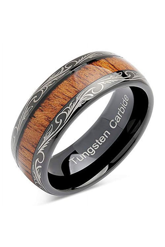 Tungsten Rings for Men Wedding Band Koa Wood Inlaid Dome Edge Comfort Fit Size 6-16 (14.5)