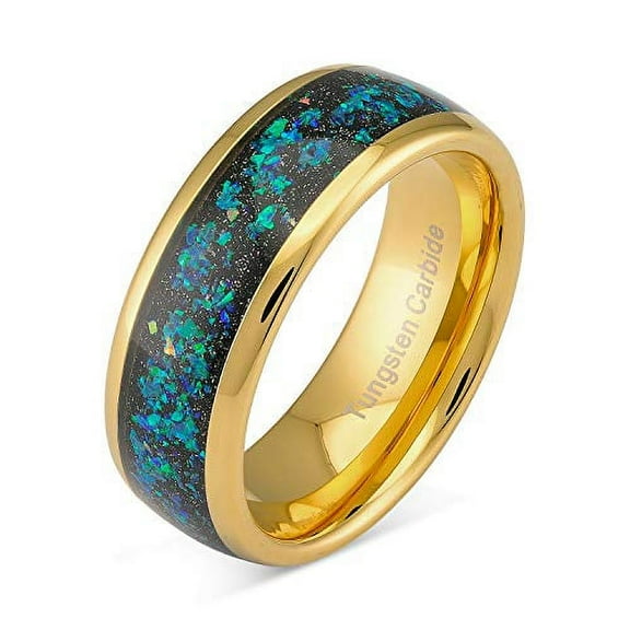 100S JEWELRY Tungsten Wedding Ring for Men Women Opal Inlay Gold Band Comfort Fit Size 6-16 (Tungsten, 10)