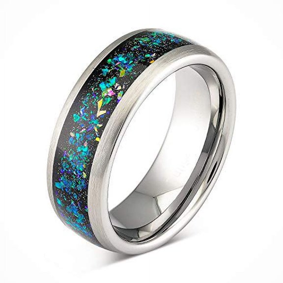 100S JEWELRY Tungsten Wedding Ring for Men Women Opal Inlay Silver Band Comfort Fit Size 6-16 (Tungsten, 13.5)